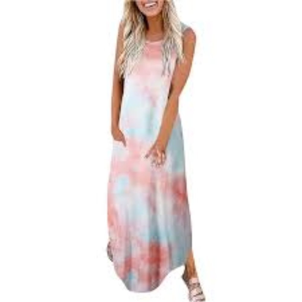 Amoretu Womens Summer Tie Dye Crew Neck Dress New